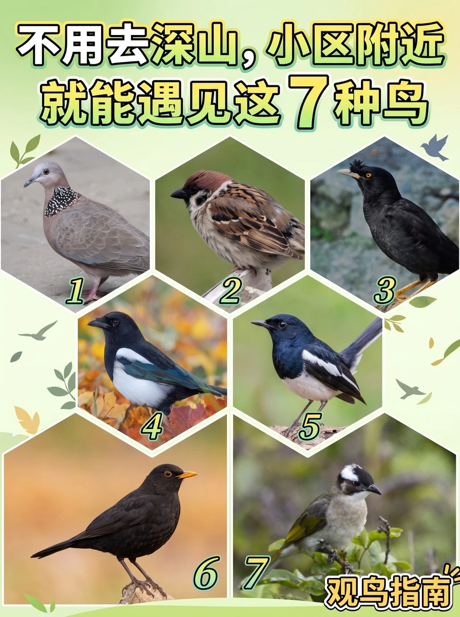 七种社区常见鸟类的观鸟指南封面,包含珠颈斑鸠、麻雀、八哥、喜鹊、鹊鸲、乌鸫和白头鹎