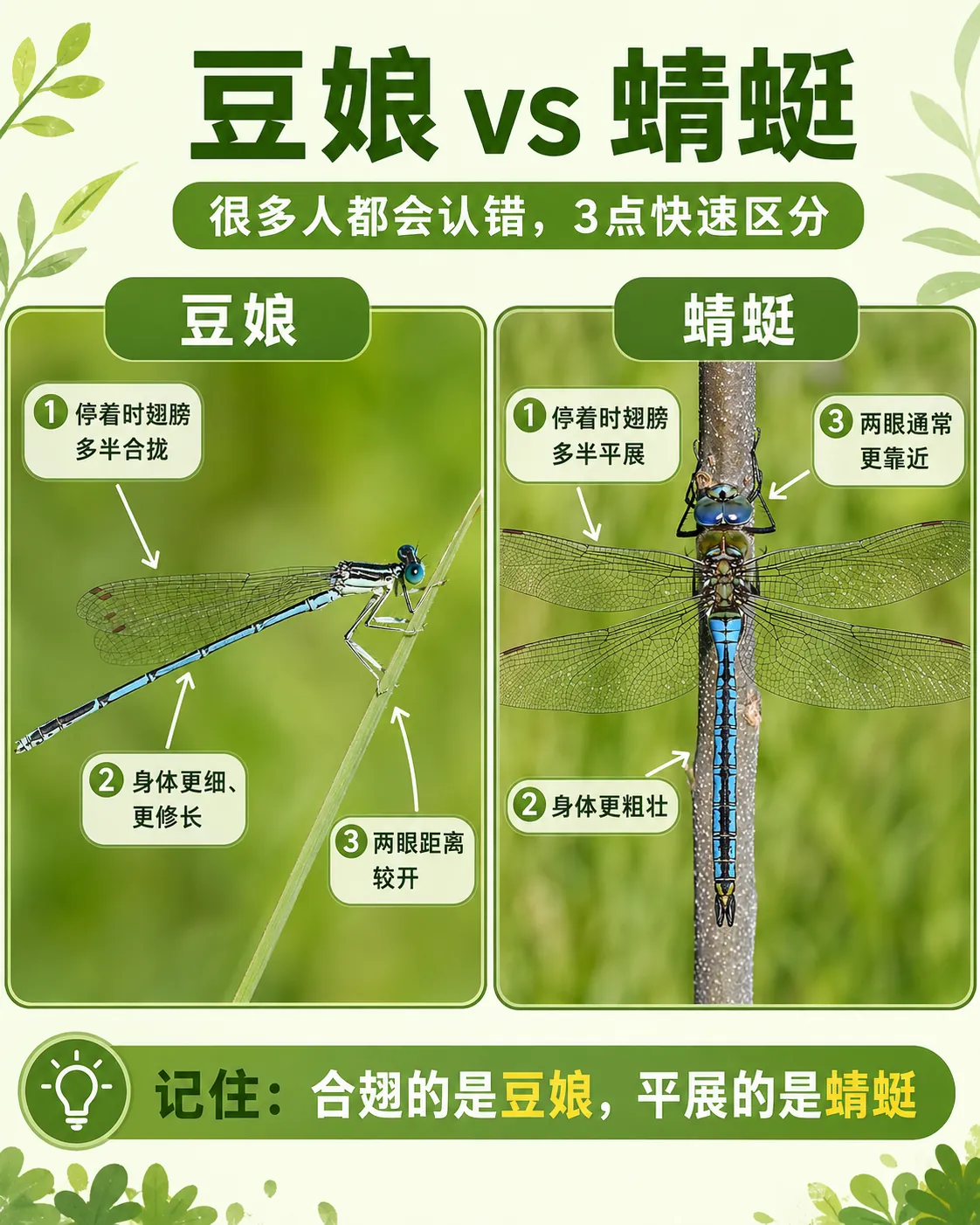 豆娘与蜻蜓对照图:豆娘翅膀合拢、身体细长、双眼分开;蜻蜓翅膀平展、身体粗壮、双眼更靠近