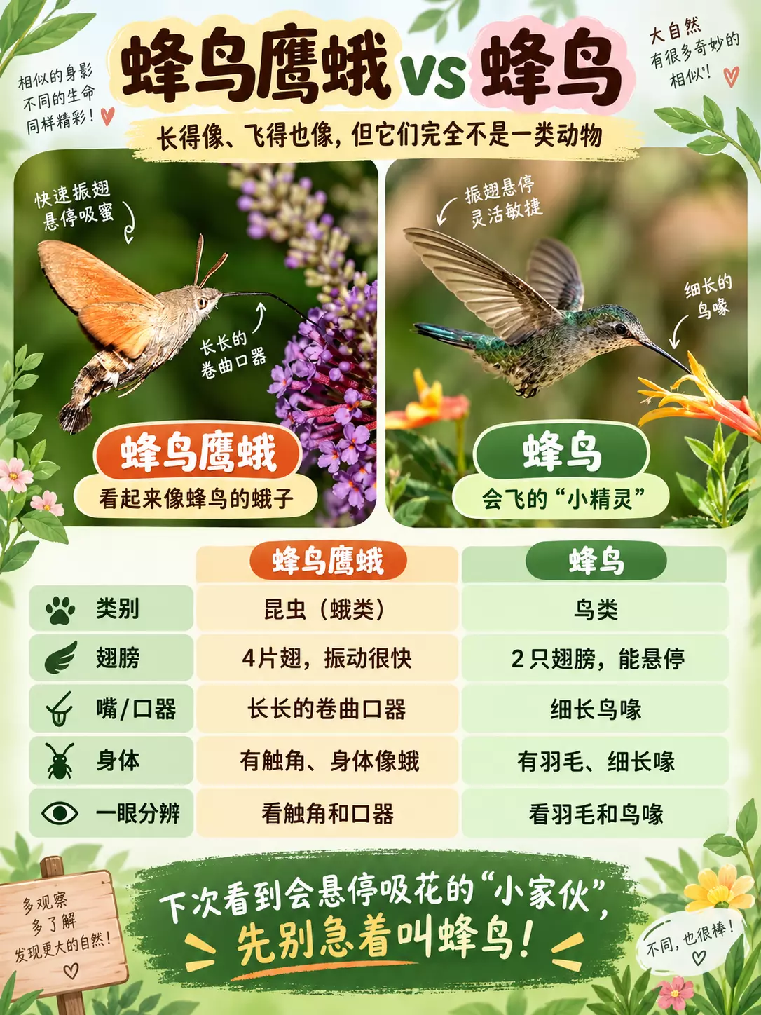 蜂鸟在花旁悬停,作为与蜂鸟鹰蛾的对照