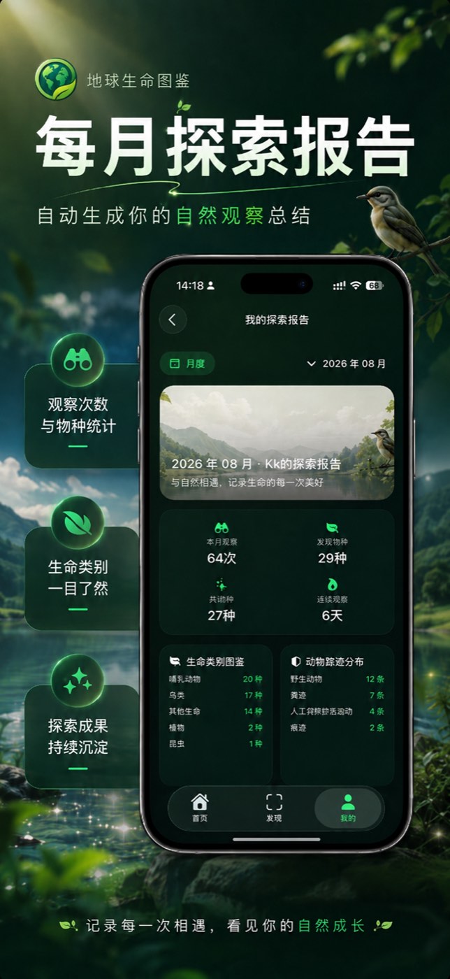 我的探索报告页面：月度报告展示本月观察次数、发现物种数、共识种、连续观察天数，以及生命类别图鉴与动物踪迹分布统计