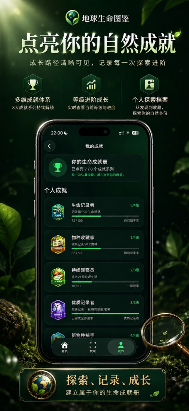 我的成就页面：已点亮 7/8 个成就系列，生命记录者、物种收藏家、持续观察员、优质记录者、新物种捕手等成就进度条