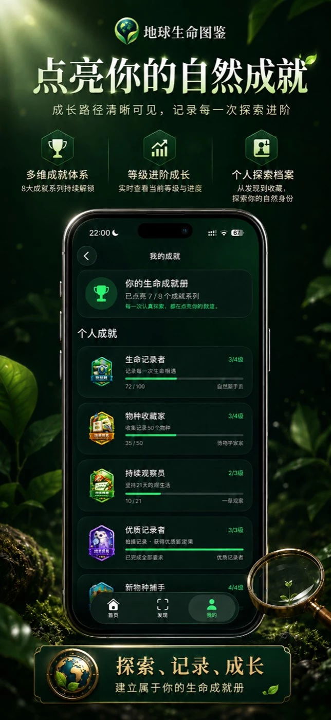 地球生命图鉴我的成就页面截图：已点亮 7/8 个成就系列，生命记录者、物种收藏家、持续观察员、优质记录者、新物种捕手等成就的等级与进度条